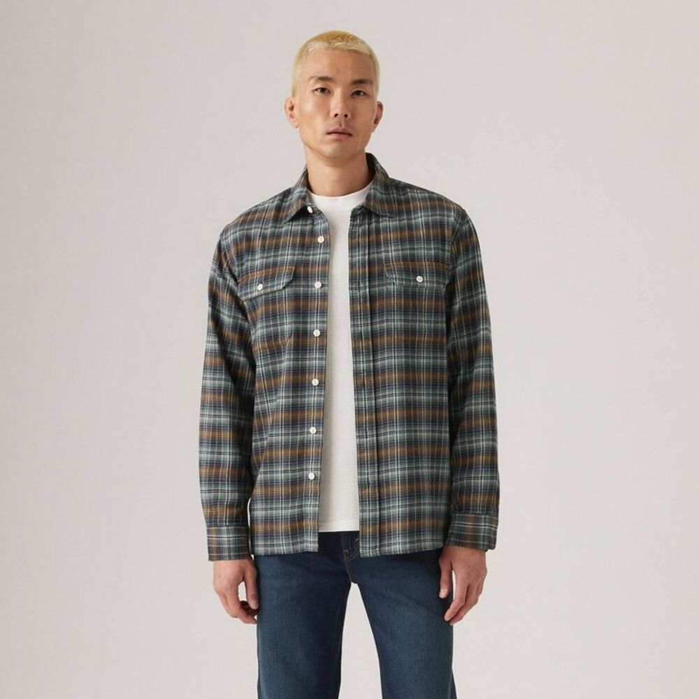 Men's Worker Standard Fit Long Sleeve Button-Down Shirt - Navy Plaid Ledger M